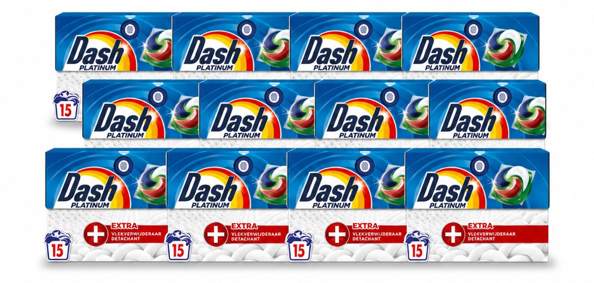 12 x Dash – Wasmiddelcapsules – 4in1 Platinum Pods + Extra Vlekkenverwijderaar – 15 capsules - Voordeelverpakking - 12 stuks