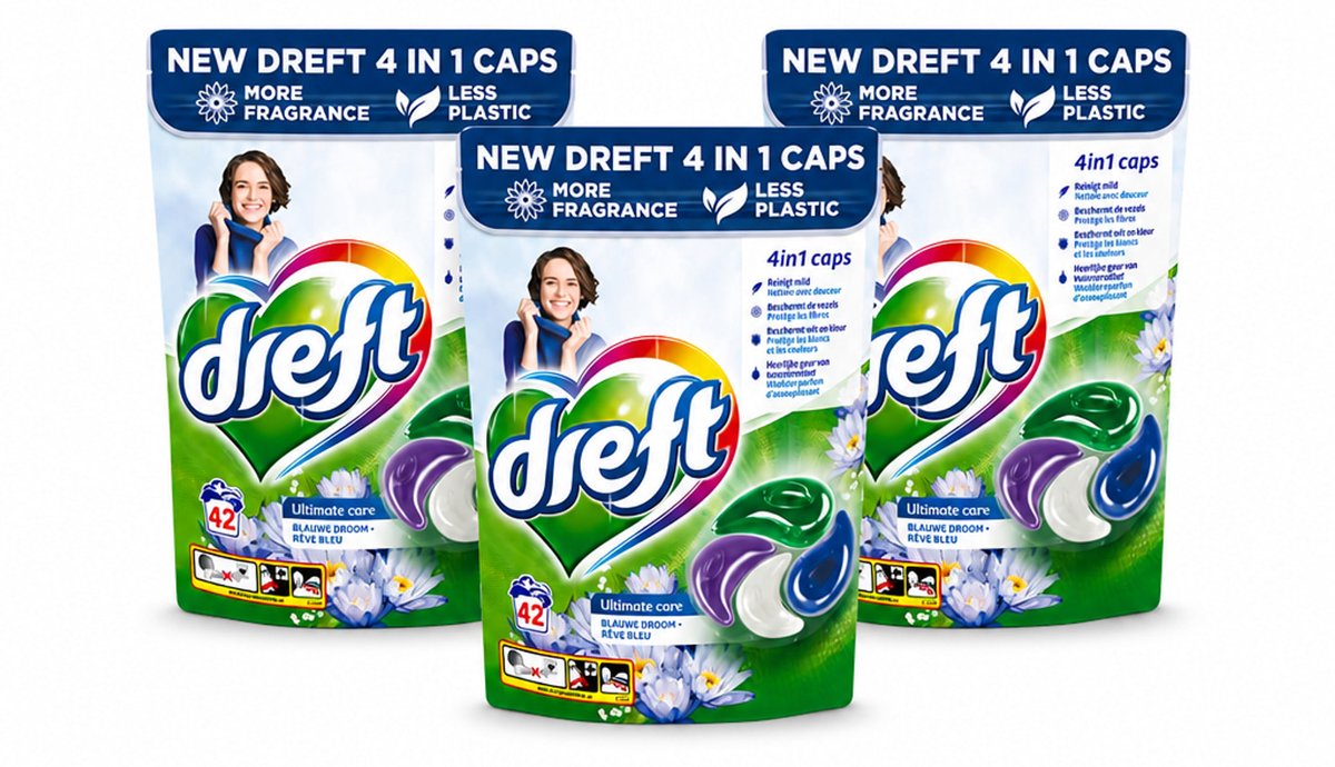 3 x Dreft - Wasmiddelcapsules - 4-in-1 Blue Dream - Krachtige waskracht - 42 Wasbeurten - Voordeelverpakking - 3 stuks