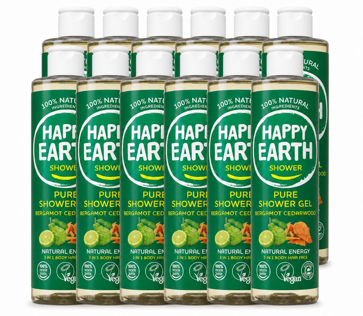 12 x Happy Earth – Douchegel – 100% Natuurlijk Bergamot Cedarwood – 300 ml - Voordeelverpakking - 12 stuks