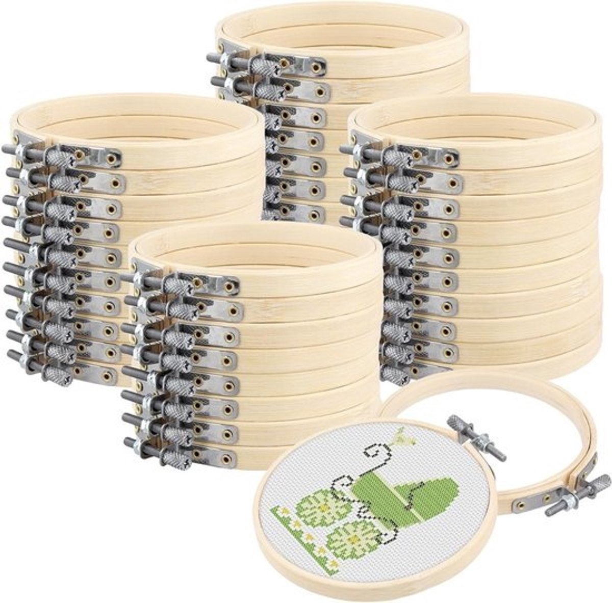 40 Stuks 10cm Bamboe Borduurhoepels, Ronde Bamboe Cirkel voor Borduren, Aanpasbare Naairing voor DIY Kunst en Ambachten