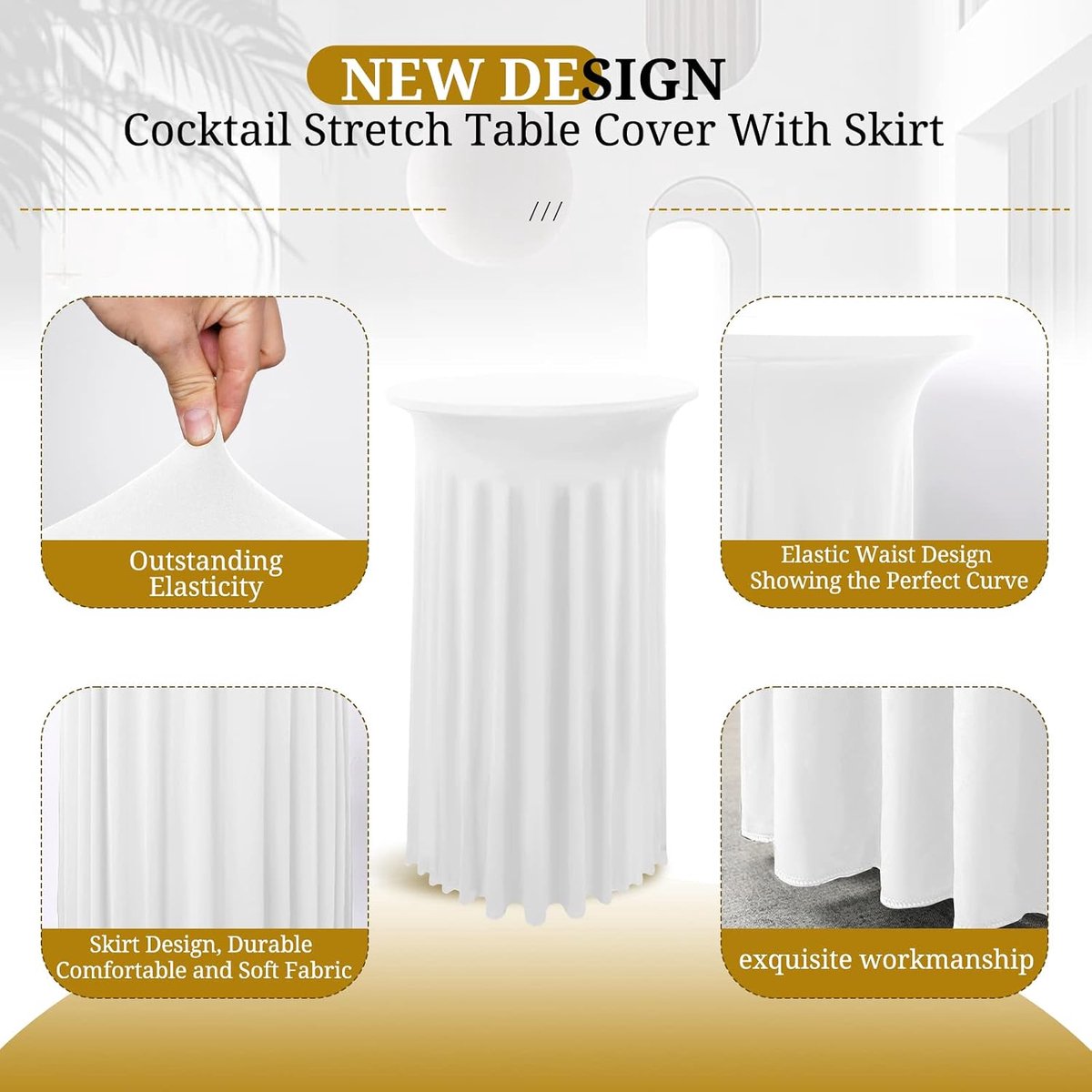 4 stuks wit cocktail spandex stretch tafelkleed met rok, 80×110cm rond verbeterd model cocktailtafelrok voorzien van hoge top bar tafelkleed voor feest bruiloft bankettafel