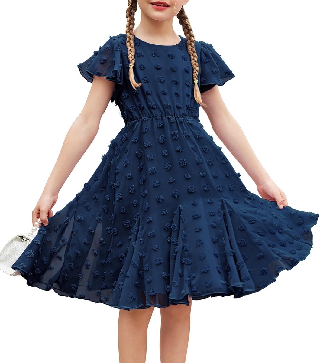 Meisjesjurk met korte mouwen, prinsessenjurk voor meisjes, A-lijn, elegante trouwjurk voor feestjes, effen, schoolkleding, kleding voor meisjes van 3 tot 12 jaar