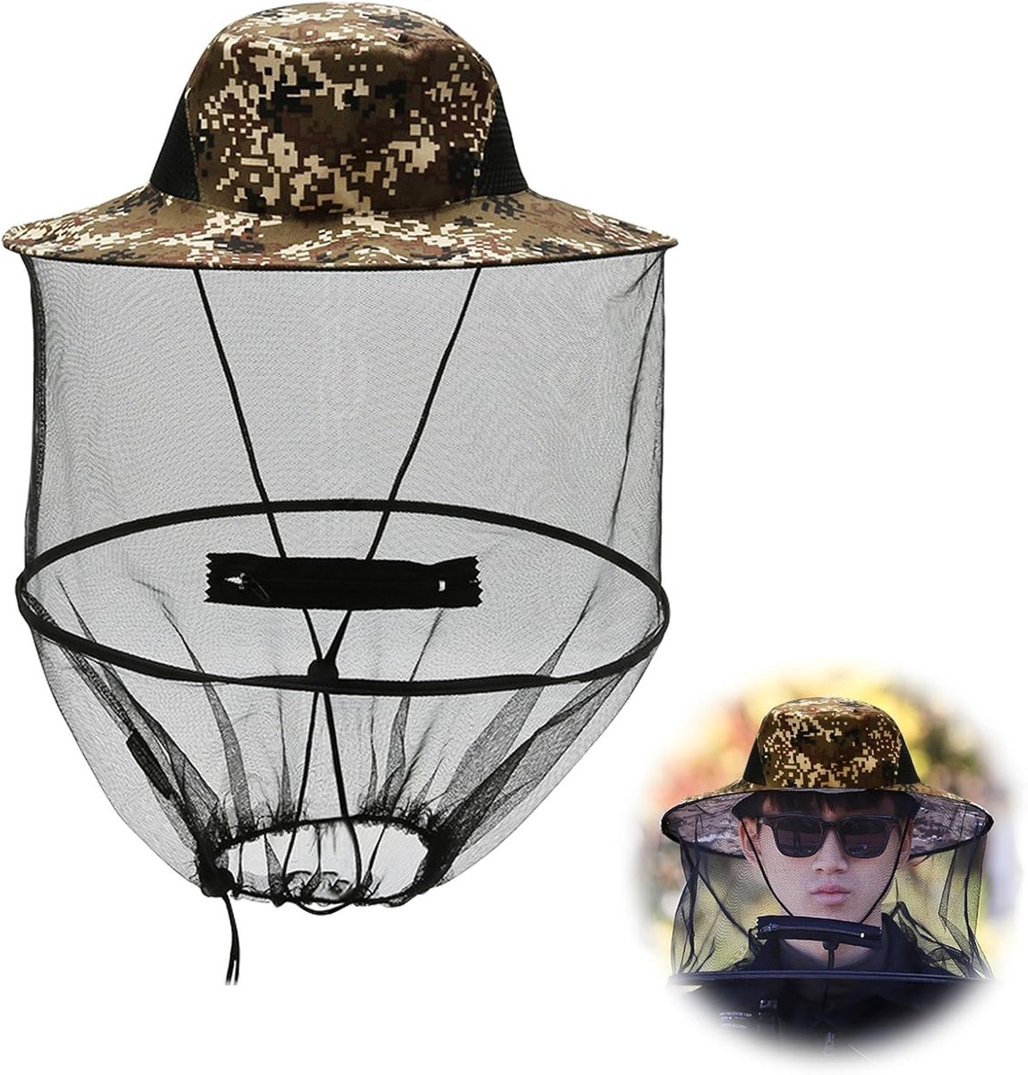 Hoed, muggennet, hoed, imkerhoed, gezichtsbescherming, outdoor, visuitrusting, opvouwbaar, voor outdoor, vissen, wandelen, tuinieren, rood gecamoufleerd