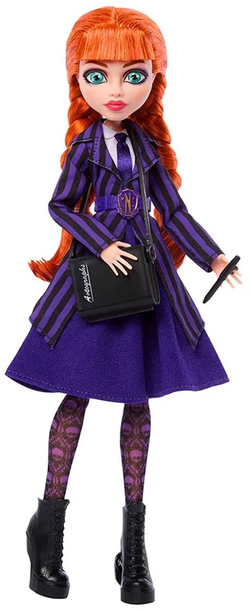 Monster High x Wednesday verzamelpop - Agnes DeMille met paars uniform en accessoires — afbeelding 11