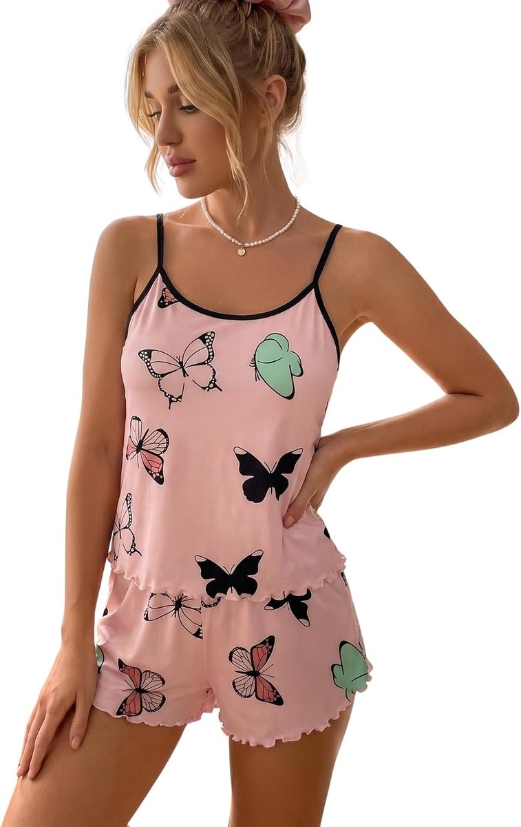 Zomerpyjamasets voor dames, 2-delige pyjamaset, cami top + pyjamabroek met vlinderpatroon, mouwloos, lounge-set, zachte nachtkleding, roze, L