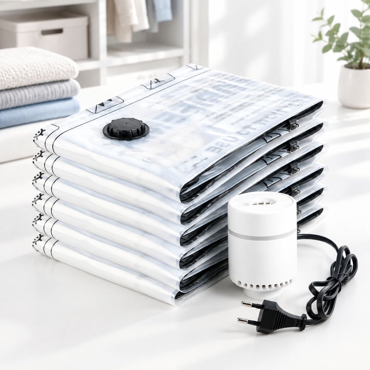 VHV Vacuumzakken - 60cm*80cm - Krachtige compressie - Gratis elektrische luchtpomp inbegrepen - Set van 6 vacuum opbergzakken - Herbruikbare compressiezak - Ideal voor seizoensopslag Wit