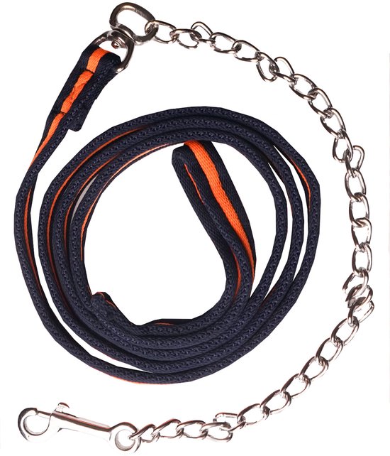 Hondenriem in donkerblauw met oranje accenten en metalen ketting en clip.