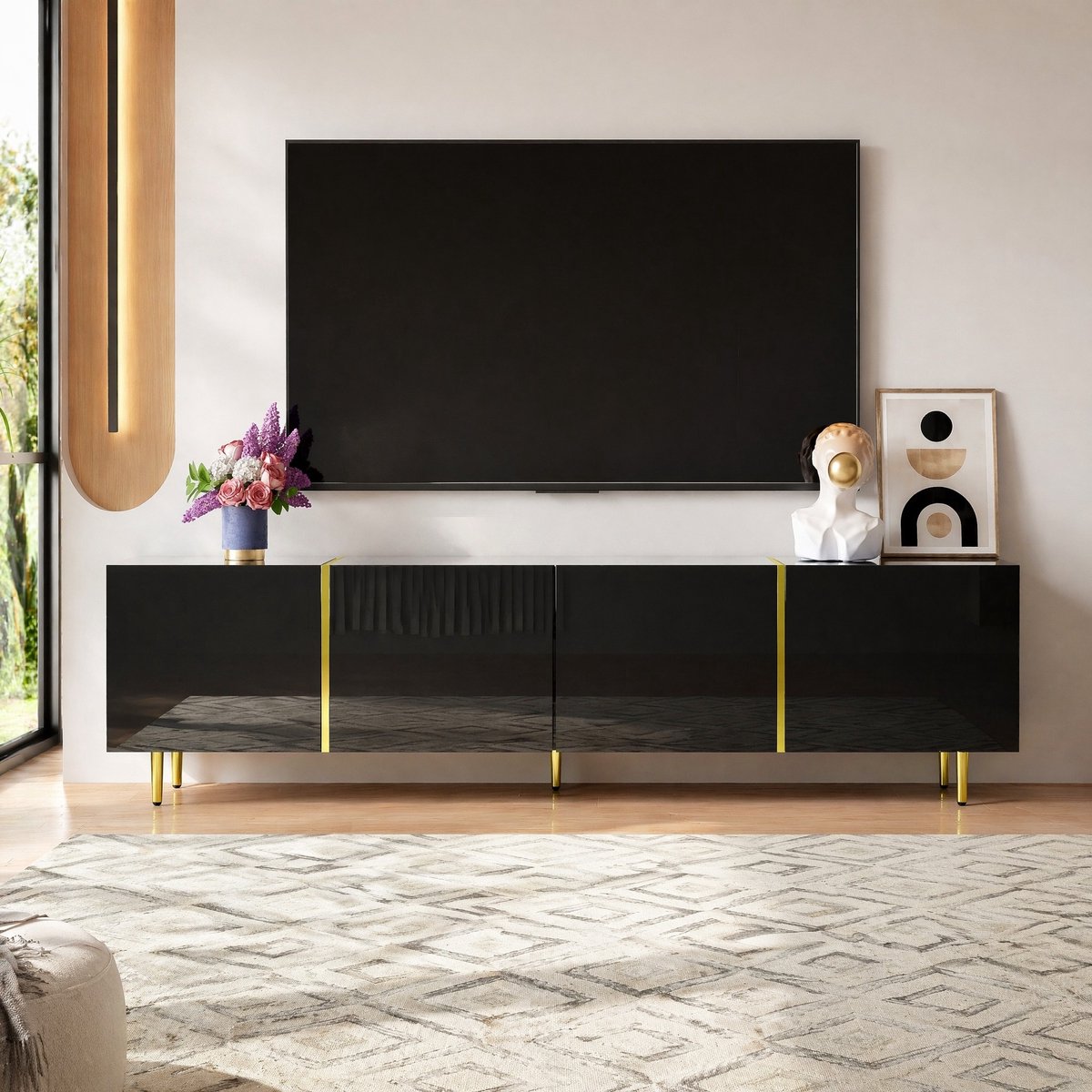 MEUNIQ TV-meubel 170 x 35 x 46 cm met 4 deuren, soft-close scharnieren en opbergruimte voor woonkamer, zwart hoogglans met goudkleurige accenten