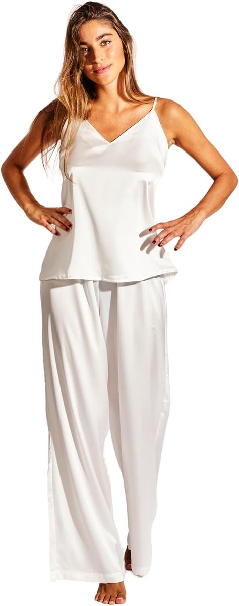 Laura in - Dameskledingset, 2-delig, satijnen pyjama, effen, bovendeel met bandjes en lange broek