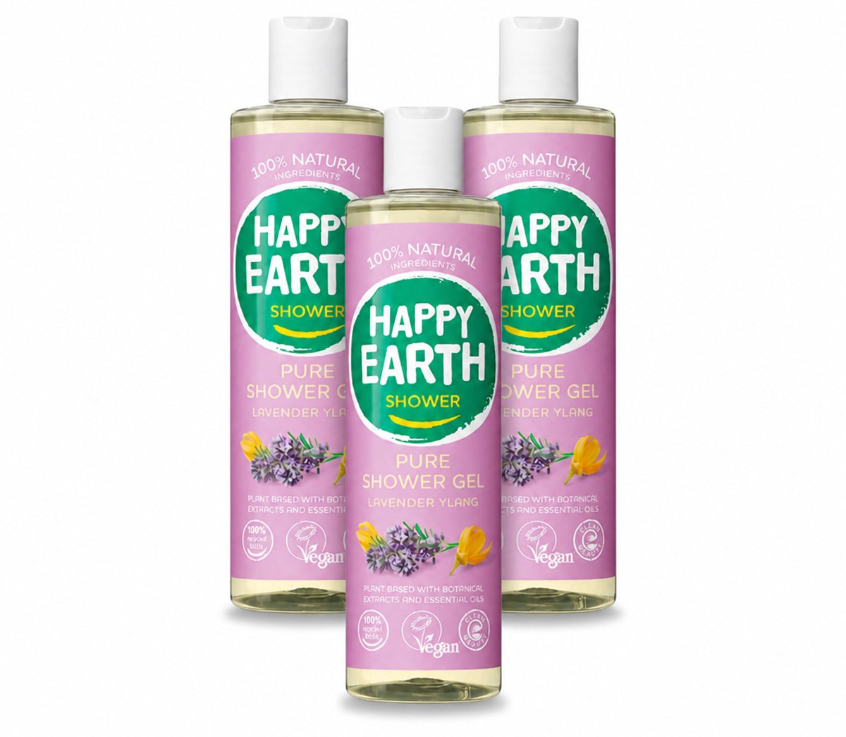 3 x Happy Earth – Douchegel – 100% Natuurlijk Lavender Ylang – 300 ml - Voordeelverpakking - 3 stuks