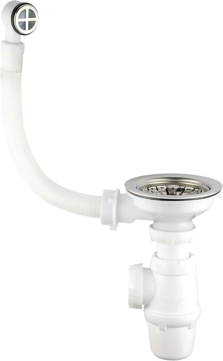 Dubbele sifon gootsteen - Chroom en wit - Ø 90 mm - Afvoergarnituur met mand - Voor 1 bak