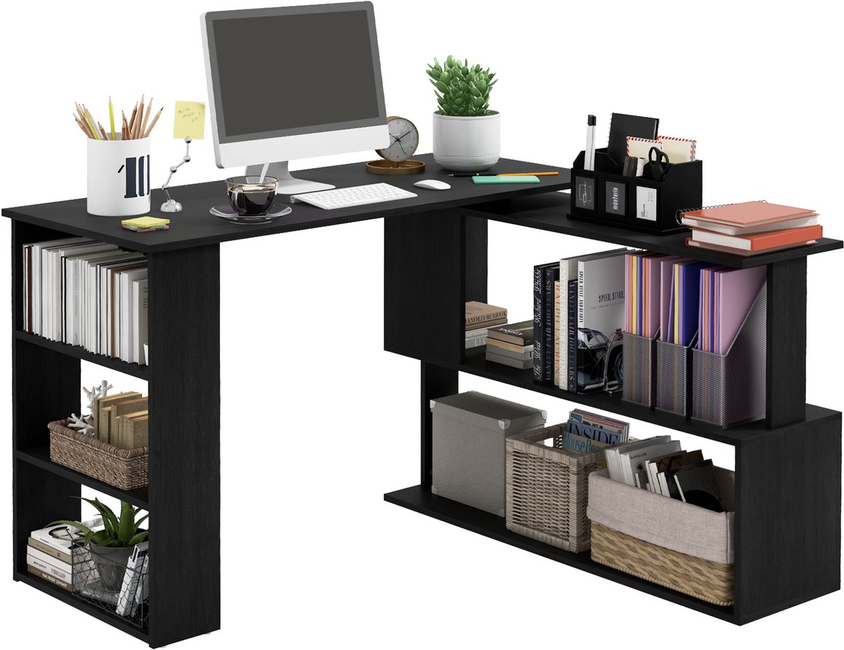 Zwart hoekbureau - 360 graden draaibaar bureau met 5 planken en opbergruimte - Voor werken en studeren - Hoekmodel 120x110x74,5 cm - Zwart