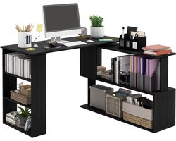 Zwart hoekbureau - 360 graden draaibaar bureau met 5 planken en opbergruimte - Voor werken en studeren - Hoekmodel 120x110x74,5 cm - Zwart