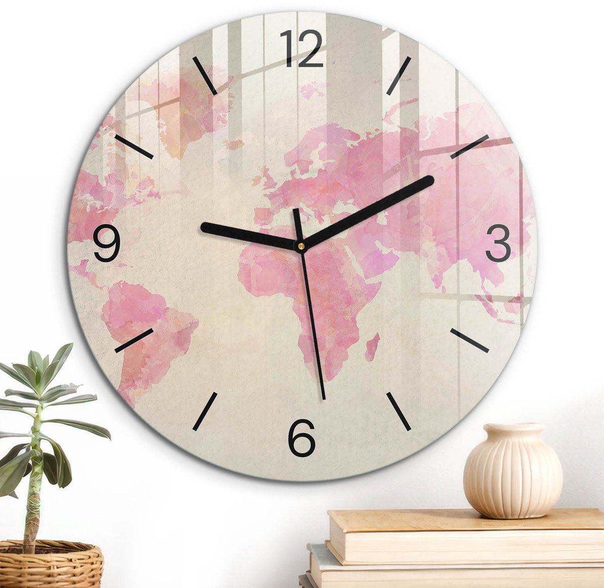 ArtPrintCave Roze Glazen Klok - Wandklok 30 cm - Muurklok Rond - Pastel Kaart Wandklok Keuken - Abstractie Unieke Klok - Zwarte Klokwijzers