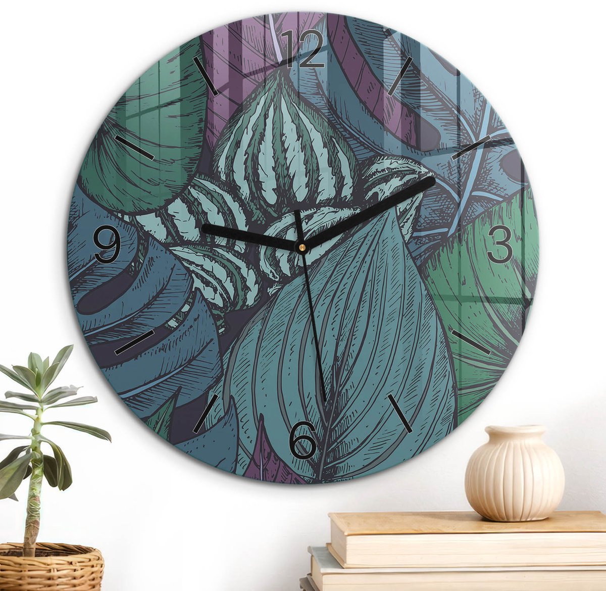 ArtPrintCave Groene Glazen Klok - Wandklok 30 cm - Muurklok Rond - Botanisch Patroon Wandklok Keuken - Achtergronden En Patronen Unieke Klok - Zwarte Klokwijzers