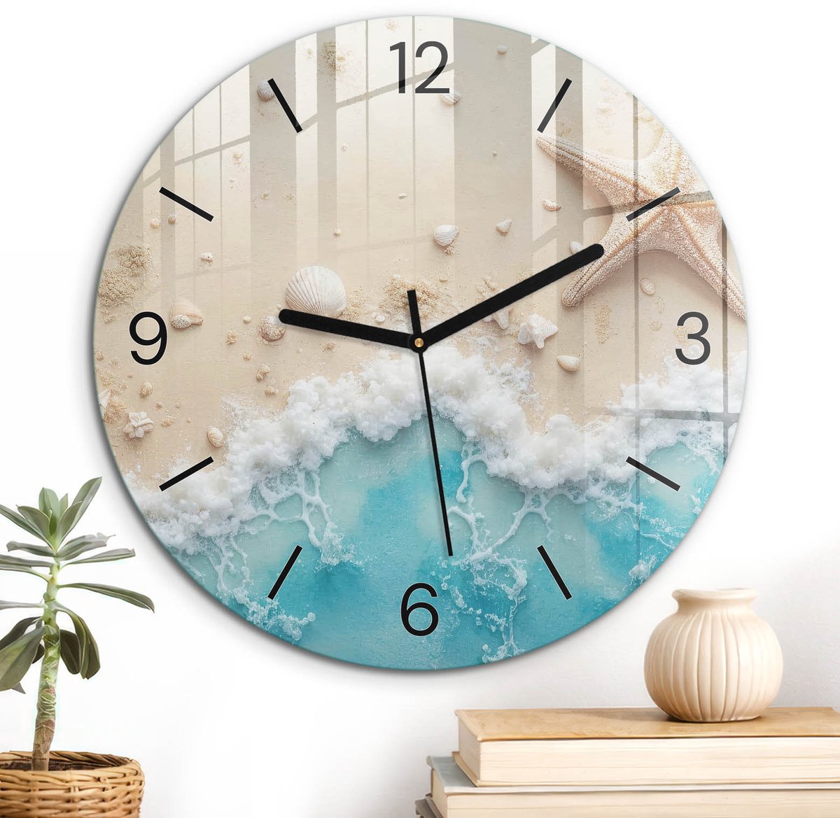 ArtPrintCave Beige Glazen Klok - Wandklok 30 cm - Muurklok Rond - Ontspanning Aan Het Strand Unieke Klok - Landschappen Stille Wandklok - Zwarte Klokwijzers
