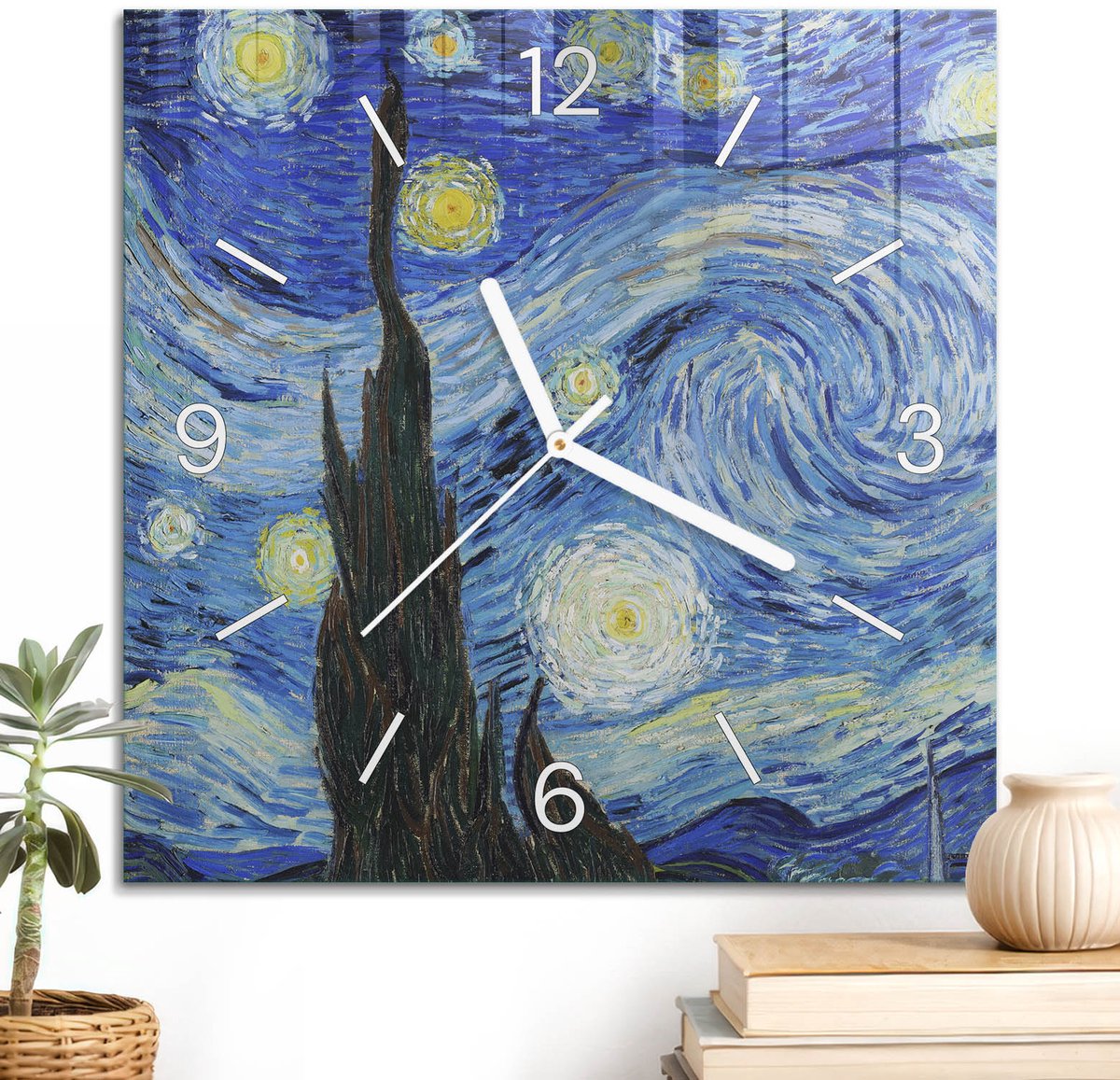 ArtPrintCave Blauw Glazen Klok - 30x30 cm - Wandklok Vierkant - Sterrenhemel Wandklok Keuken - Abstractie Unieke Klok - Witte Klokwijzers