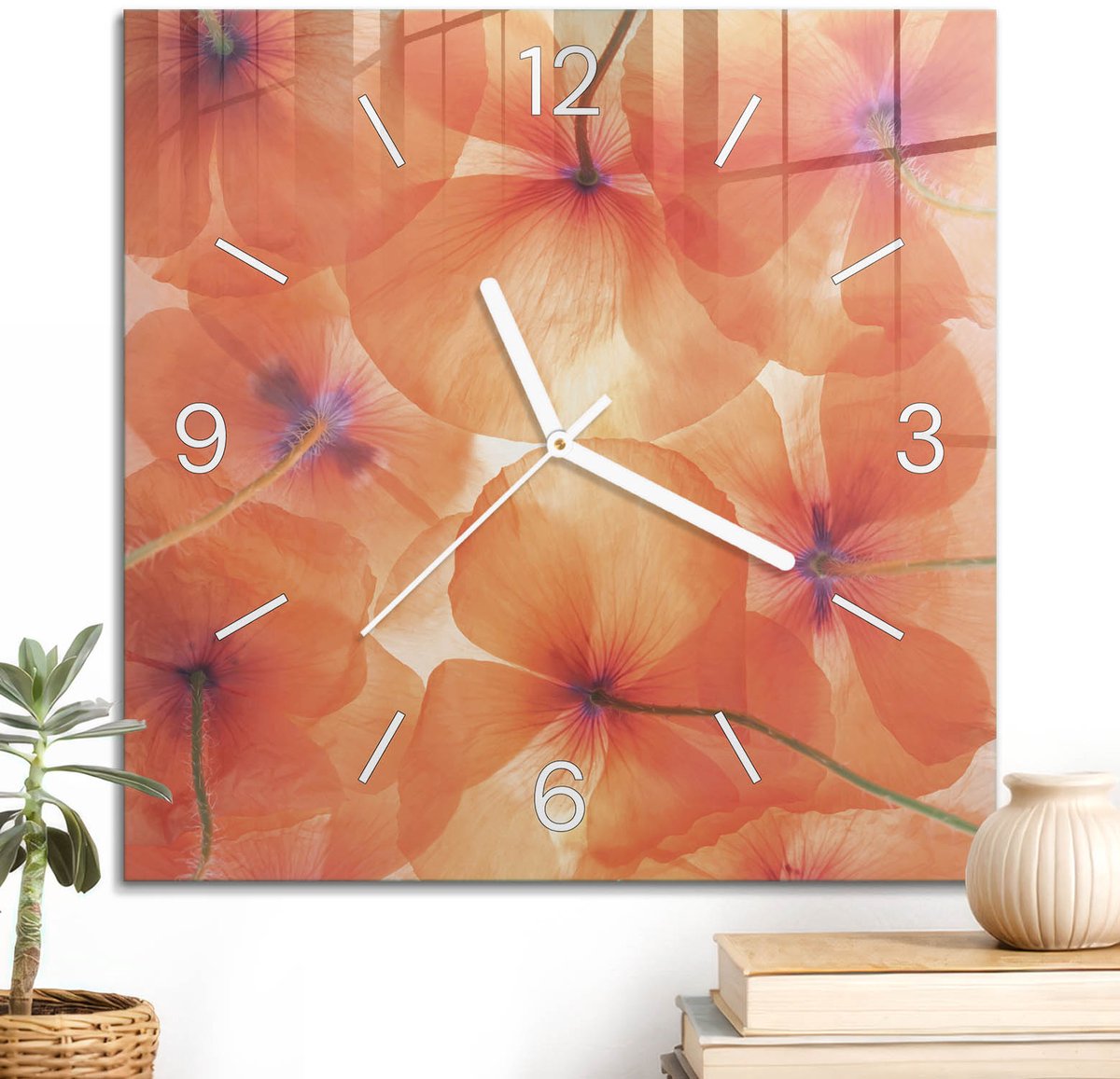 ArtPrintCave Oranje Glazen Klok - 30x30 cm - Wandklok Vierkant - Oranje Bloemen Stille Wandklok - Natuur Wandklok Keuken - Witte Klokwijzers