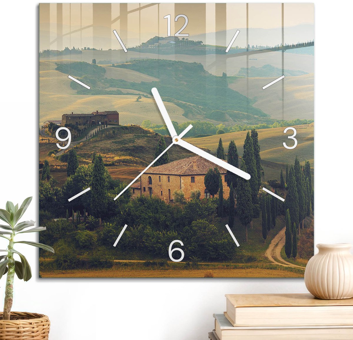 ArtPrintCave Groene Glazen Klok - 30x30 cm - Wandklok Vierkant - Toscaanse Landschappen Unieke Klok - Natuur Stille Wandklok - Witte Klokwijzers