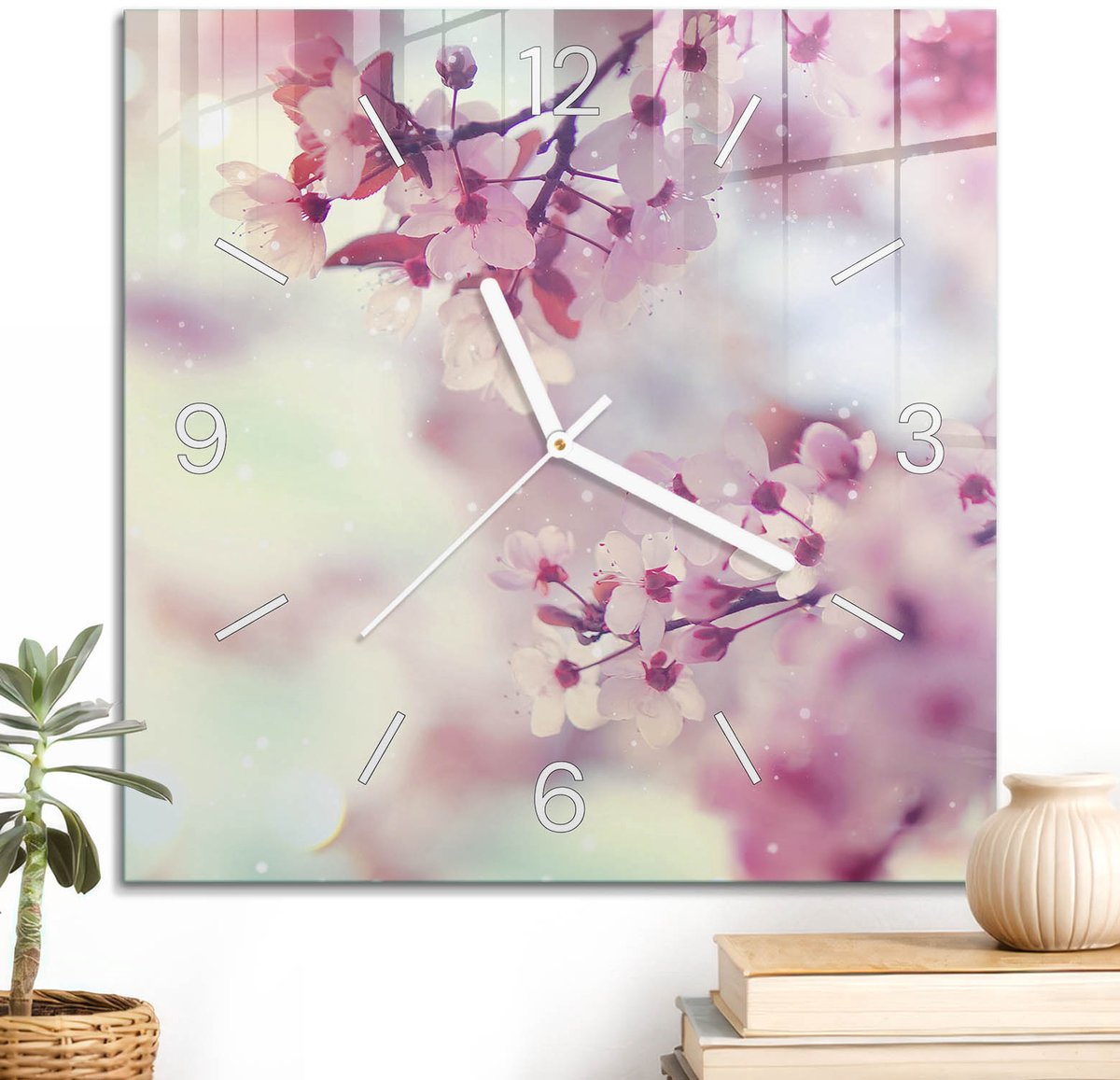 ArtPrintCave Roze Glazen Klok - 30x30 cm - Wandklok Vierkant - Lente Harmonie Unieke Klok - Natuur Stille Wandklok - Witte Klokwijzers