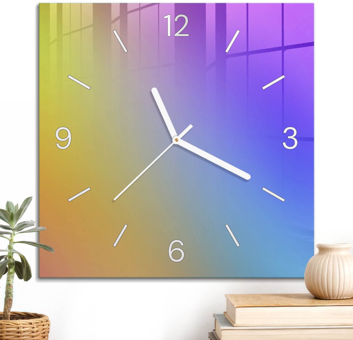 ArtPrintCave Geel Glazen Klok - 30x30 cm - Wandklok Vierkant - Regenbooggloed Wandklok Keuken - Achtergronden En Patronen Unieke Klok - Witte Klokwijzers