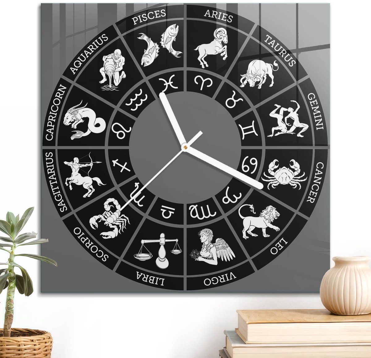 ArtPrintCave Zwart Glazen Klok - 30x30 cm - Wandklok Vierkant - Sterrenbeeldsymbolen Stille Wandklok - Abstractie Wandklok Keuken - Witte Klokwijzers