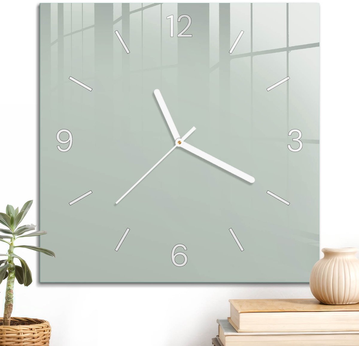 ArtPrintCave Groene Glazen Klok - 30x30 cm - Wandklok Vierkant - Lichte Munt Stille Wandklok - Abstractie Wandklok Keuken - Witte Klokwijzers