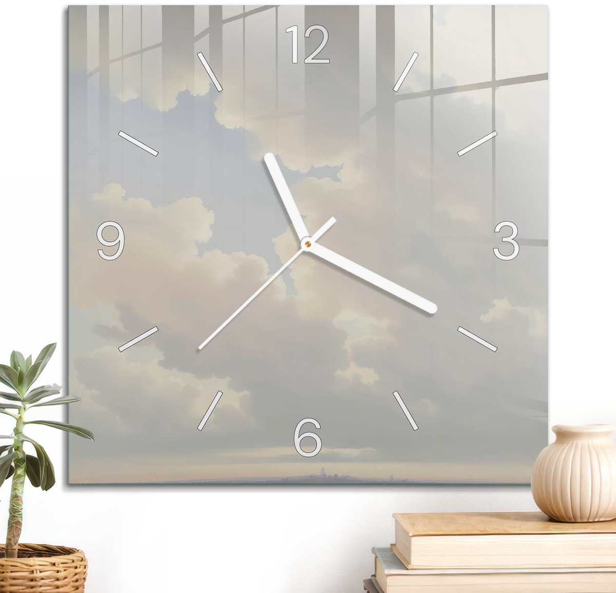 ArtPrintCave Romig Glazen Klok - 30x30 cm - Wandklok Vierkant - Wolken Aan De Hemel Stille Wandklok - Achtergronden En Patronen Wandklok Keuken - Witte Klokwijzers