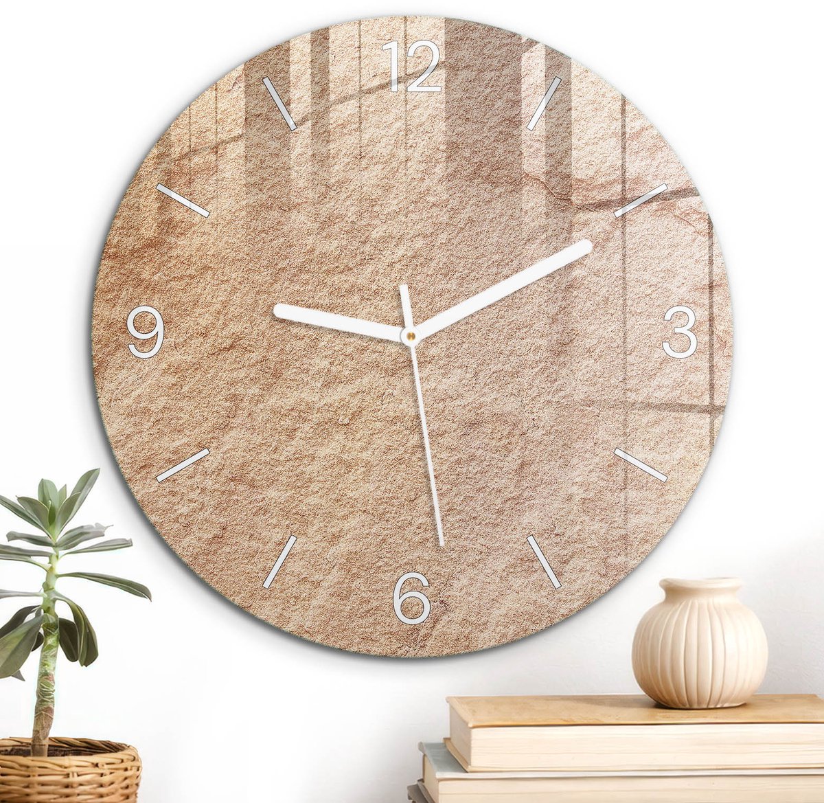 ArtPrintCave Beige Glazen Klok - Wandklok 30 cm - Muurklok Rond - Beige Steen Unieke Klok - Achtergronden En Patronen Stille Wandklok - Witte Klokwijzers