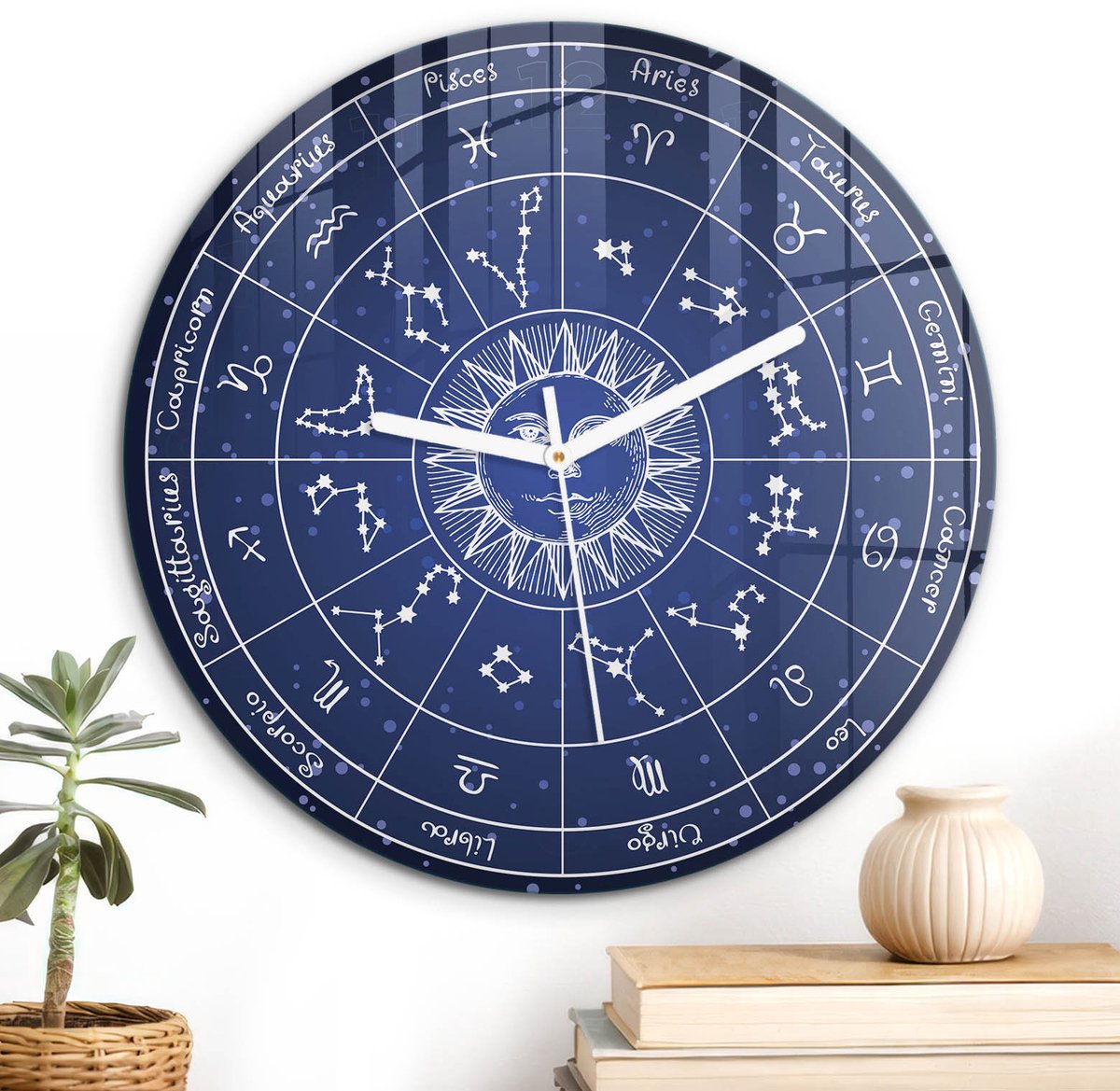 ArtPrintCave Blauw Glazen Klok - Wandklok 30 cm - Muurklok Rond - Kosmische Dierenriem Stille Wandklok - Abstractie Wandklok Keuken - Witte Klokwijzers