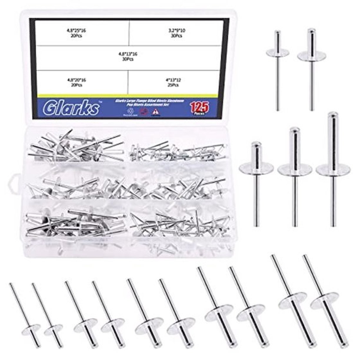 125 Stuks Assortiment Grote Flens Aluminium Blinde Klinknagels - 5 Maten