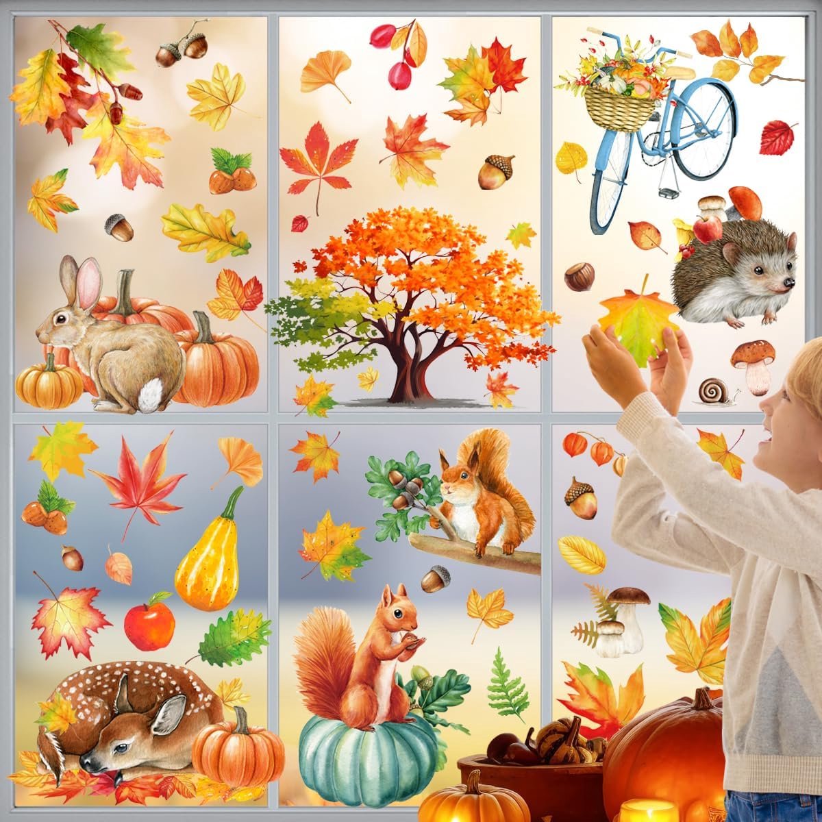 Raamstickers voor de herfst, zelfklevend, herfstdecoratie, raamstickers, dubbelzijdige raamstickers, herbruikbaar, zonder lijm, raamdecoratie voor Thanksgiving, raamdecoratie, 84 stuks