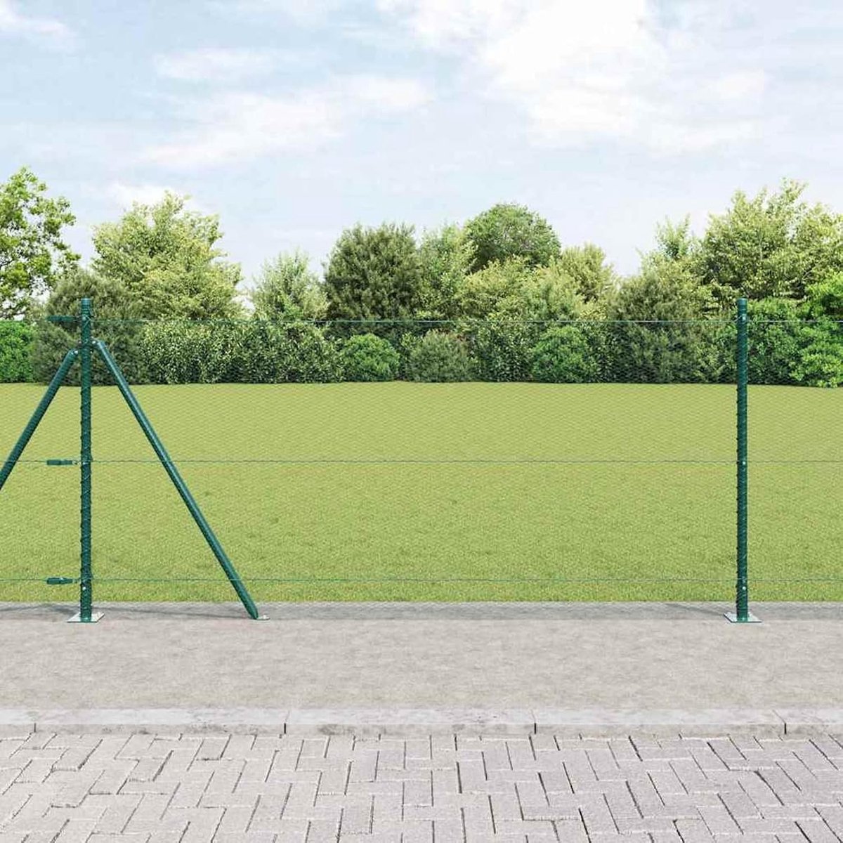 Zeshoekhek groen, 1 x 100 m staal, hekpalen met basisplaten, 13 stuks, Ø 32 mm, 110 cm, verzinkt staal, tuinhek, draadomheining voor hekken, groentebedden, kippenren, weideperceel, 3353588