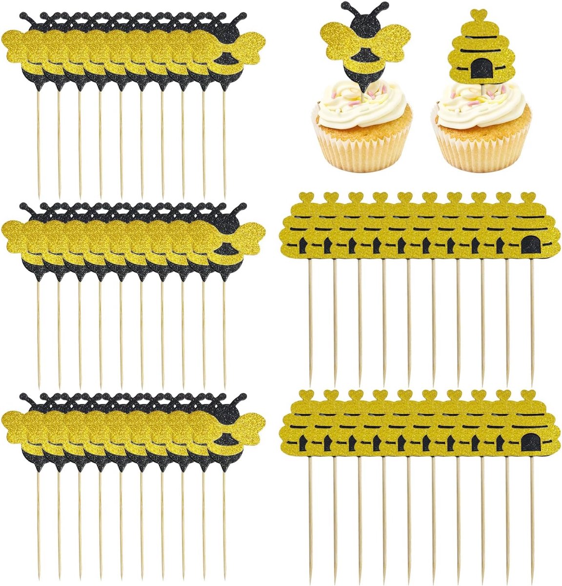 50 stuks bijen-motief-inzetstukken, taartdecoratie-inzetstukken, glitterbijen, honingraatinzetstukken, cupcake-toppers, doe-het-zelf taartdecoratie-inzetstukken