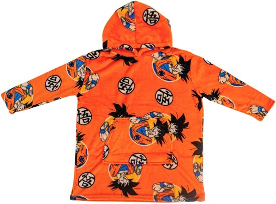 Oranje hoodie met Goku uit Dragon Ball Z print en Japanse tekens.