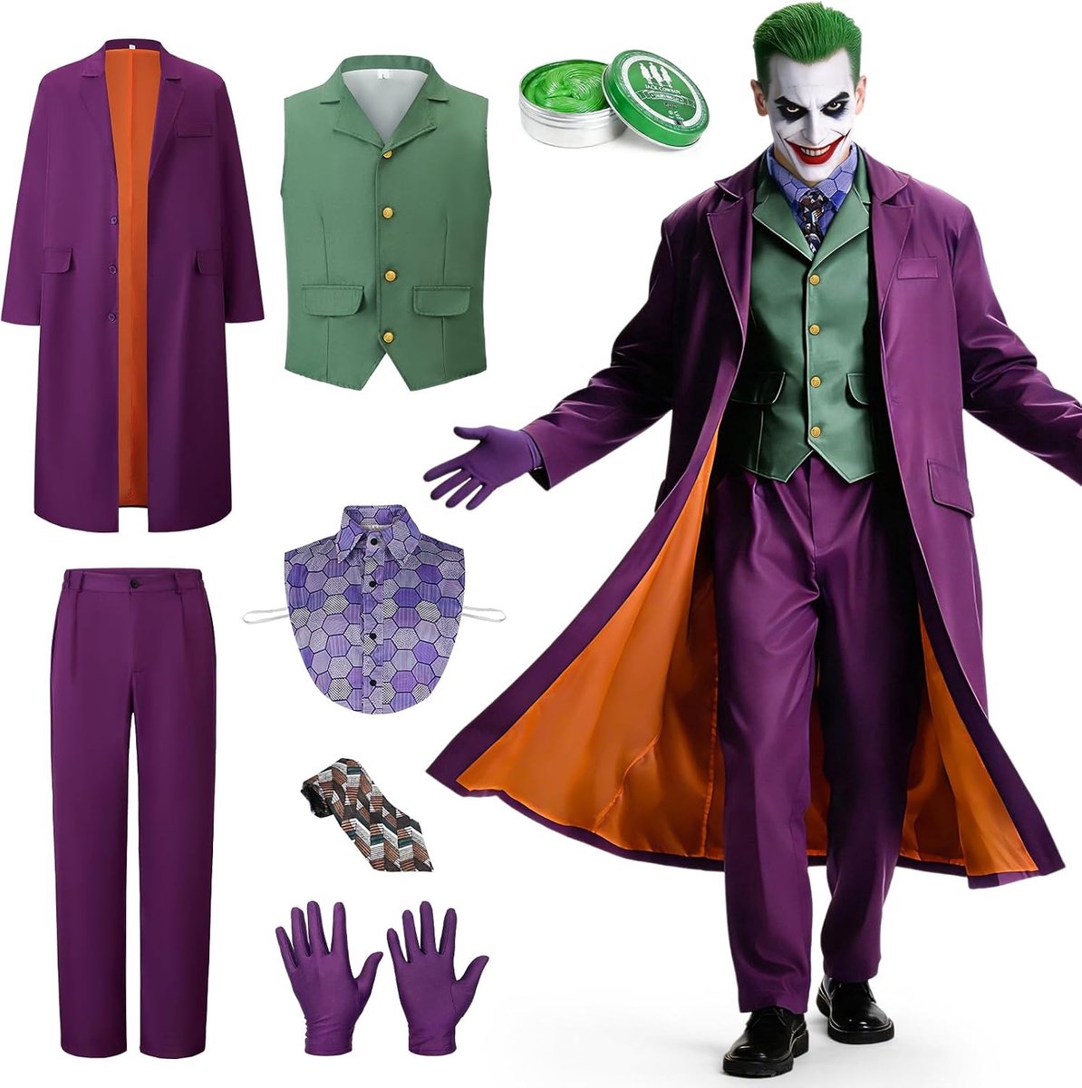 Joker-kostuum voor heren, Killer Joker-outfit horrorclownkostuum voor volwassenen, set met paarse mantel, groen vest, broek, stropdas, valse hemdkraag en handschoenen voor Halloween