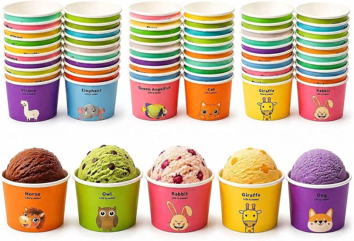 Ijsbekers met lepel, 35 diermotieven, 165-180 ml, wegwerpbekers voor kinderfeesten, verjaardagen, desserts, snacks en buffet (25)