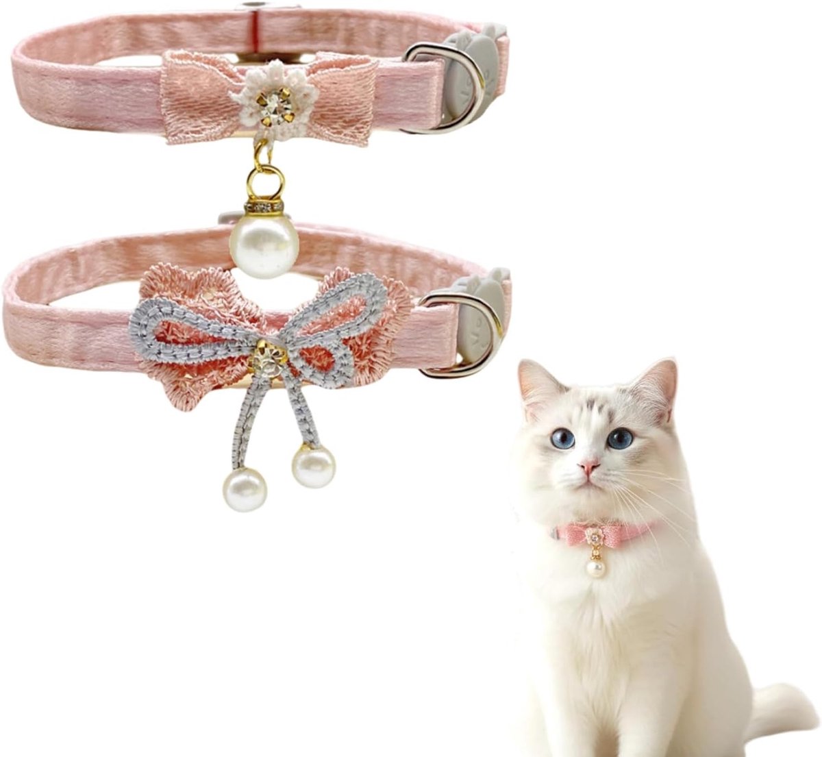 Roze, 2 stuks, met parelhanger, roze vlinderdas, verstelbare halsband met veiligheidsriem, strass voor kleine honden en katten (18 x 32 cm)