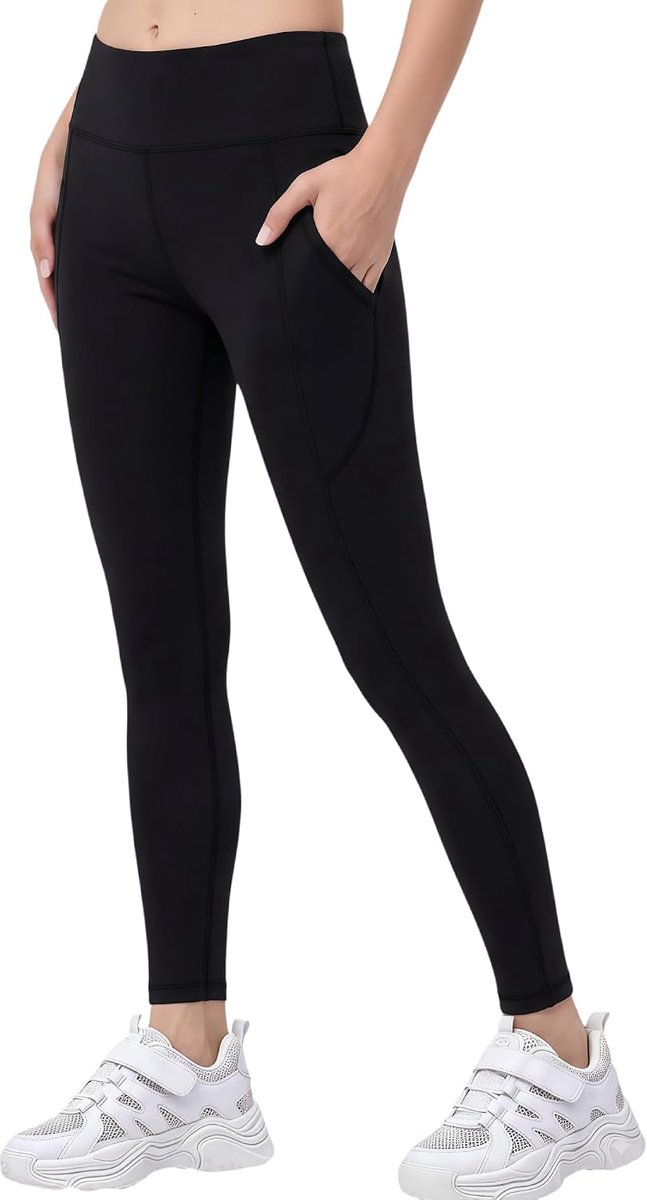 Leggings voor meisjes, zwart, 9/10 met zakken, sportlegging voor kinderen, lange sportbroek voor dagelijks gebruik en schoolsport, verpakking van 1, 2 of 3 stuks