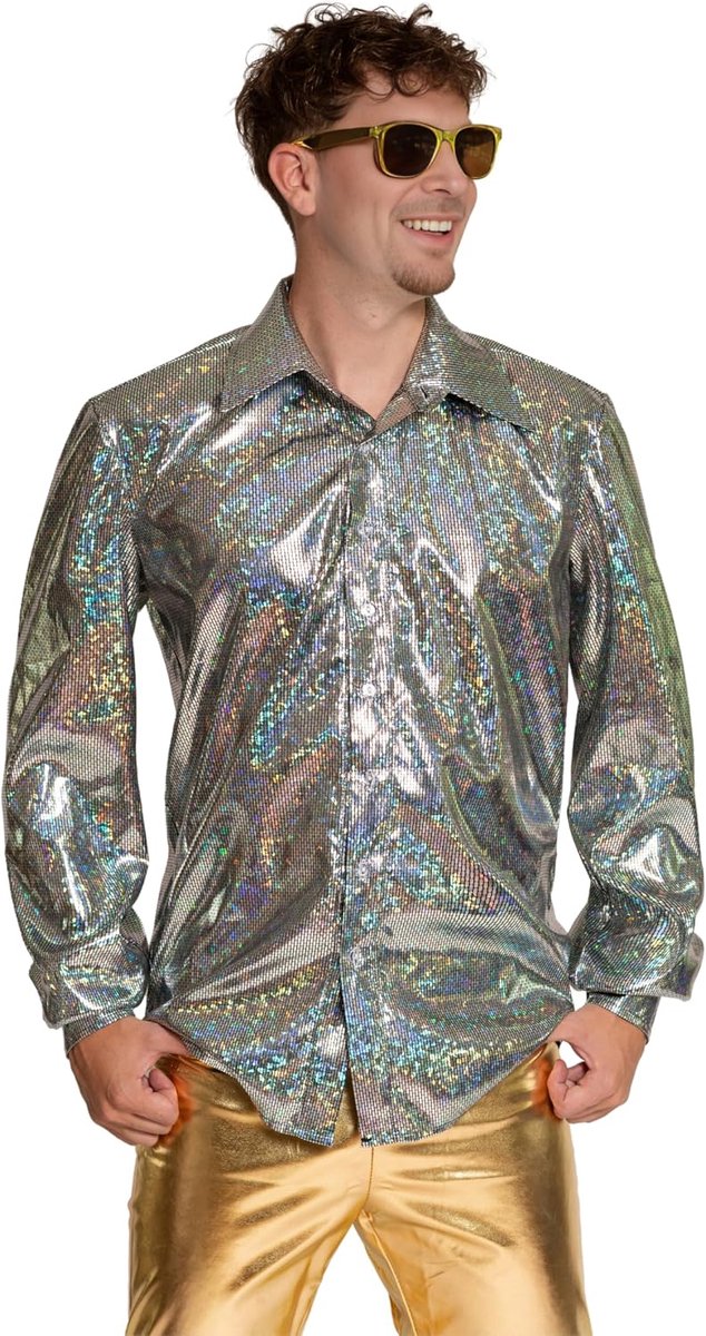 Disco Overhemd Mannen Jaren 70 Kleding Heren Disco Shirt Metallic Glanzend Shiny Hemd Lange Mouwen Carnaval Outfit Carnavalskostuum Discohemd - Maat S t/m 3XL