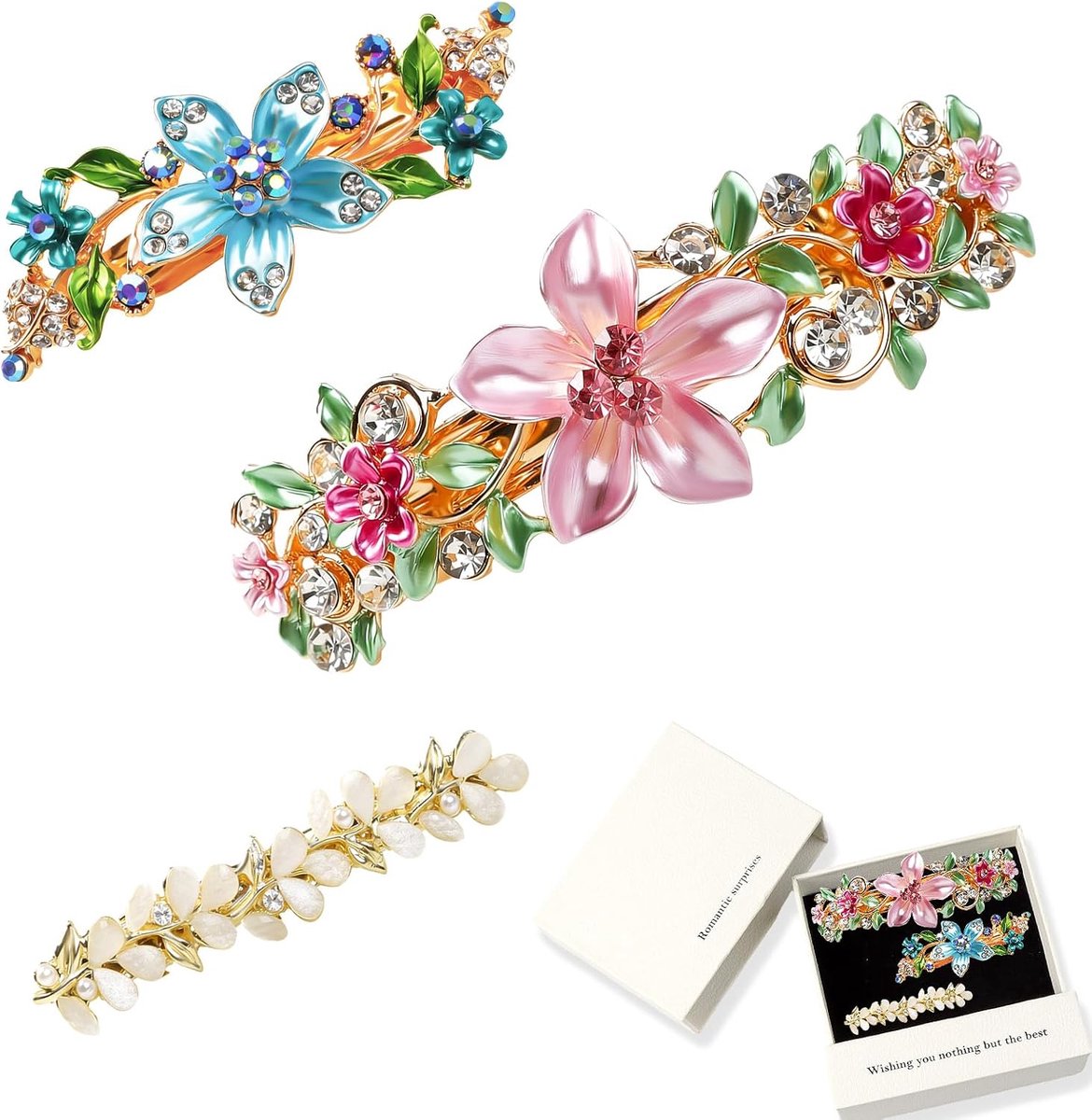 3 stuks haaraccessoires, kleurrijke vintage strass-bloemen, haaraccessoires, elegante haarspelden met strassteentjes, glinsterende mode, prachtige bloemenkristallen haarspelden met doos voor vrouwen