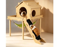 3-in-1 cavia-huis van hout, hamsterhuis met platform en trap, schuilplaats met hellingen,…