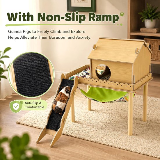 3-in-1 cavia-huis van hout, hamsterhuis met platform en trap, schuilplaats met hellingen, cavia-accessoires, konijnenhuis voor kleine dieren, schuilplaats voor knaagdieren — afbeelding 2