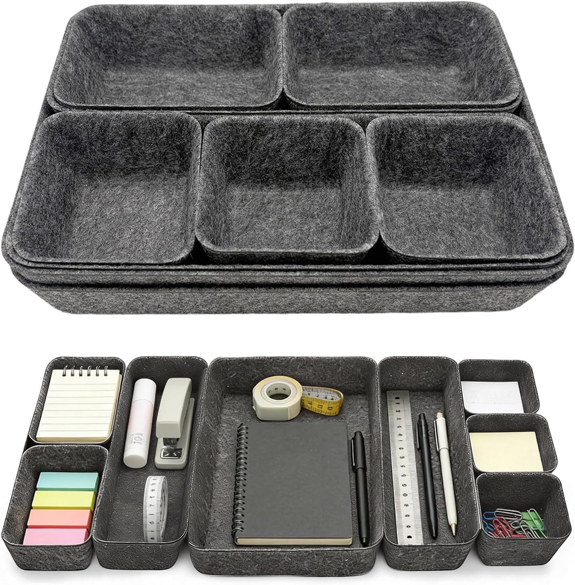 9 stuks lade-organizer, vilt, lade-organizer, opbergsysteem, stapelbare vilten opbergdozen, aparte lade-organizerset voor lade, kast, bureau, kantoor en thuis, donkergrijs