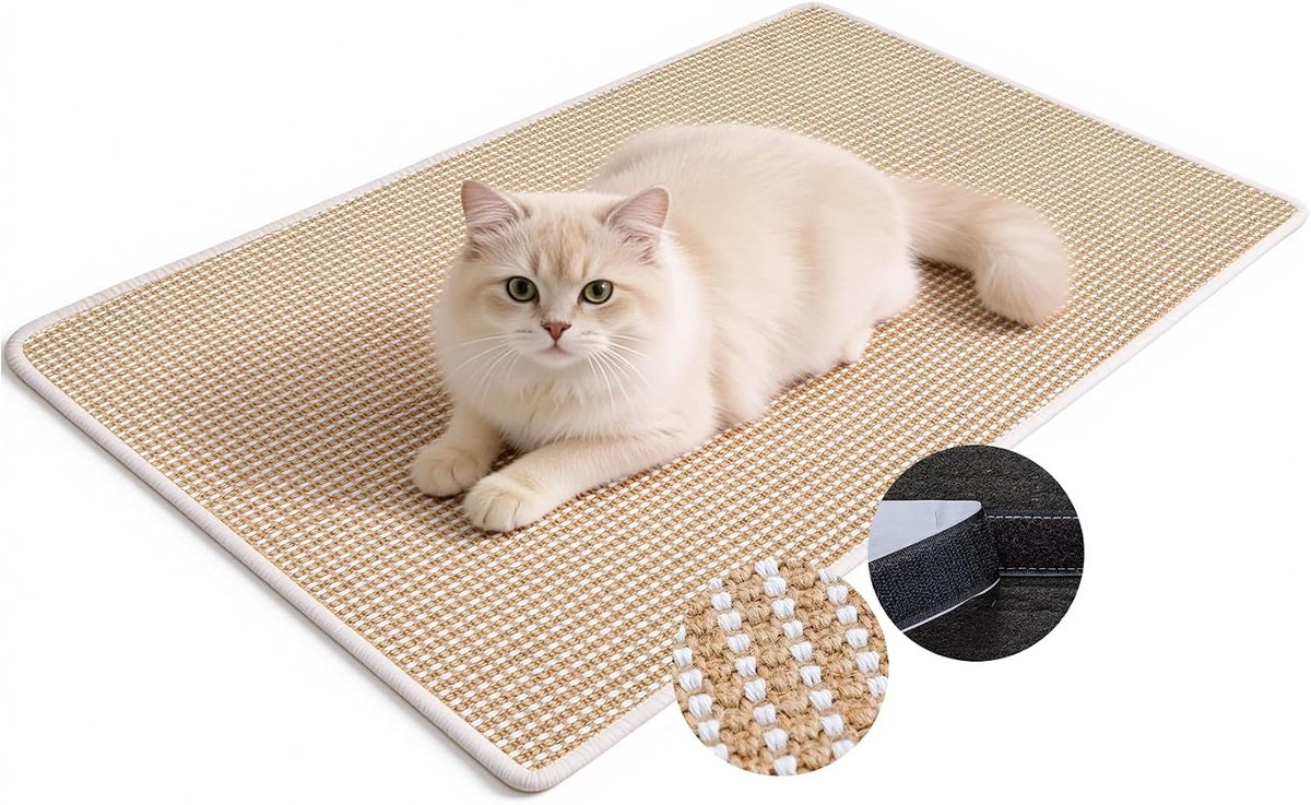 Krabmat, 100x60 cm, Natuurlijke Sisal Krabmat met Klittenband, Krabkleed voor Binnenkatten, Meubel- & Vloerbeschermer, Wandpad, L, Beige