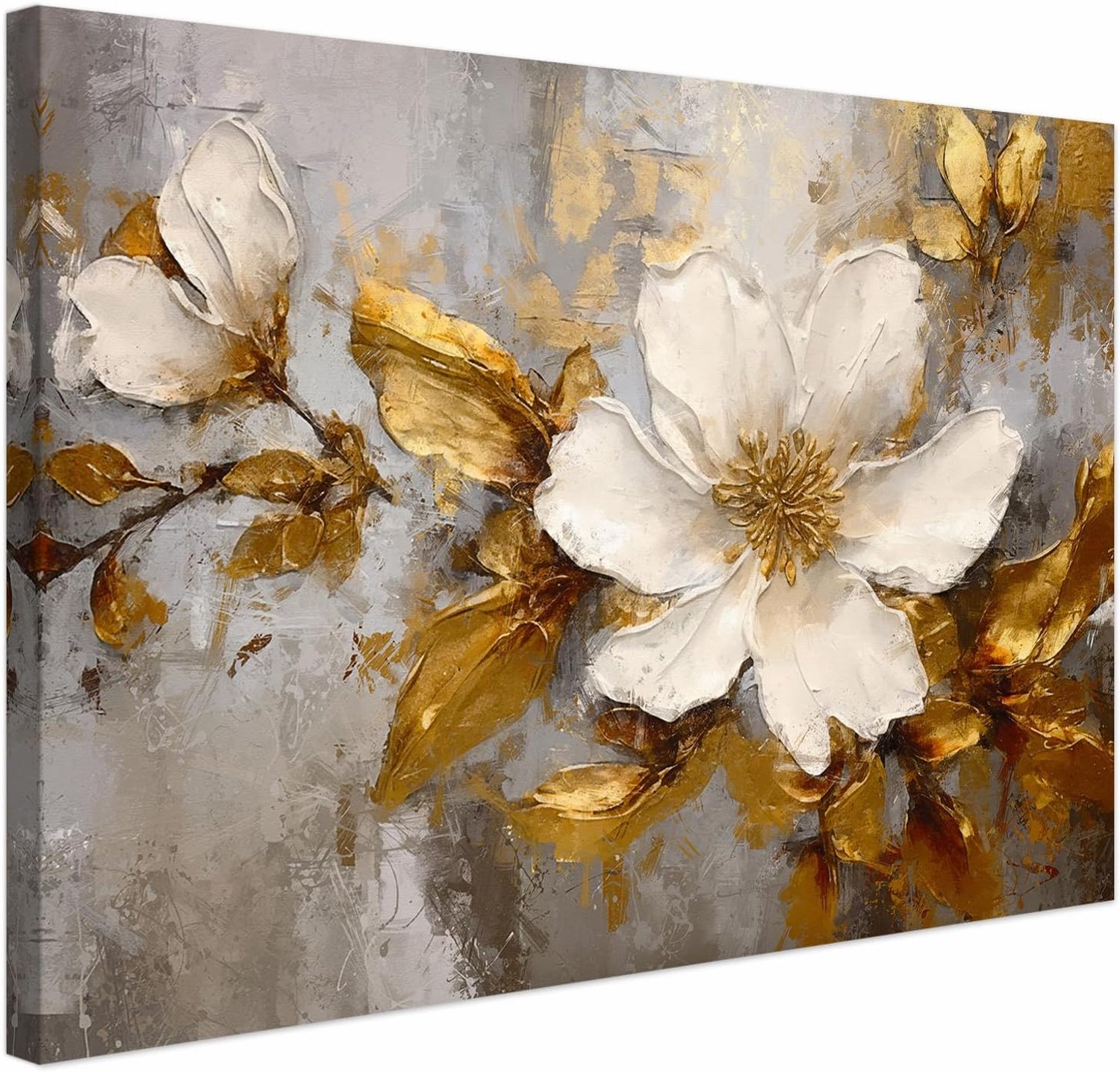 Canvas wanddecoratie 60 x 40 cm - moderne kunst - witte gouden bloemen - sfeervolle living room decoratie - m-winkel