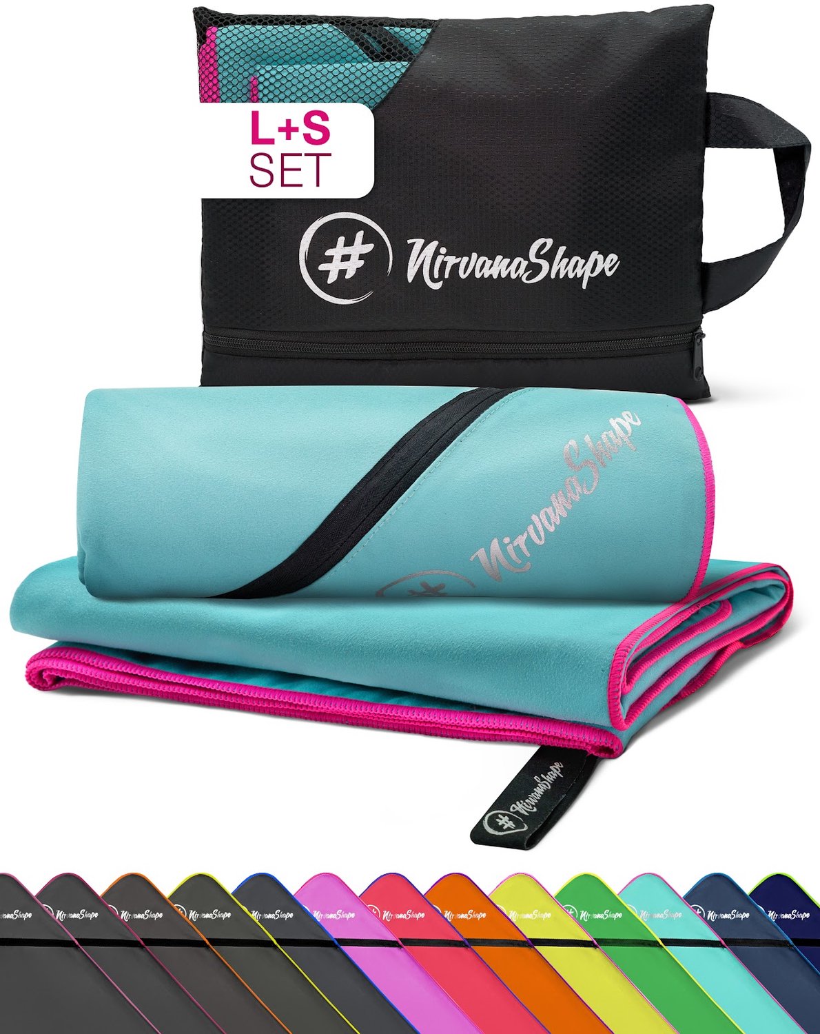 NirvanaShape - microvezel handdoek - strandlaken en badlaken - sneldrogend en absorberend - sporthanddoek met slimme hoekzak - set van 2: 140 x 70 cm + 60 x 40 cm - Turkoois / Roze Rand