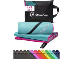 NirvanaShape - microvezel handdoek - strandlaken en badlaken - sneldrogend en absorberend - sporthanddoek met slimme hoekzak - set van 2: 140 x 70 cm + 60 x 40 cm - Turkoois / Roze Rand