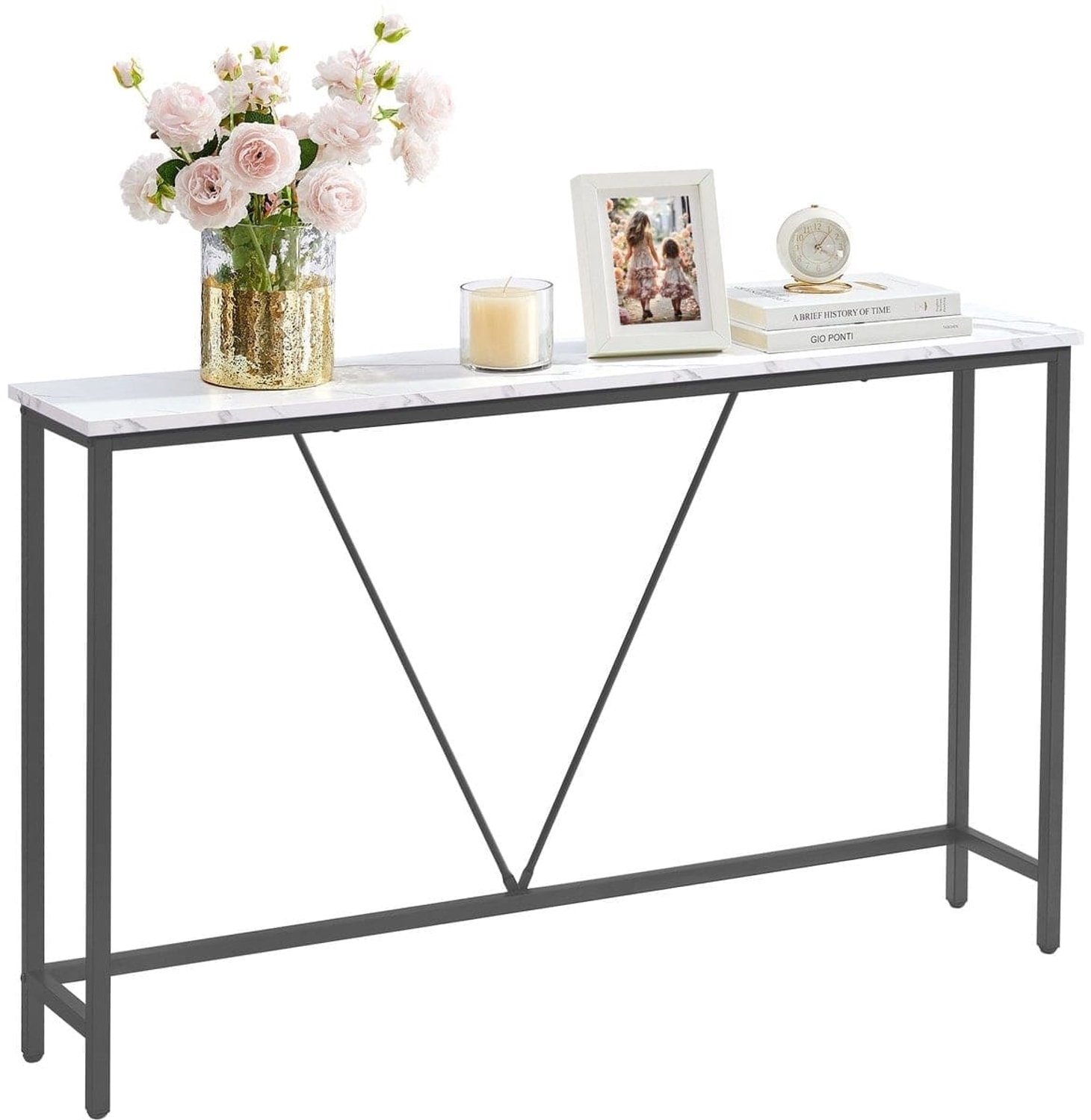 Klarven Consoletafel Zwart - Smalle Consoletafel - Consoletafel Smal - Haltafel - Bijzettafel voor Hal en Woonkamer - Eenvoudige Montage - 120x23x74 cm Wit marmerlook / zwart