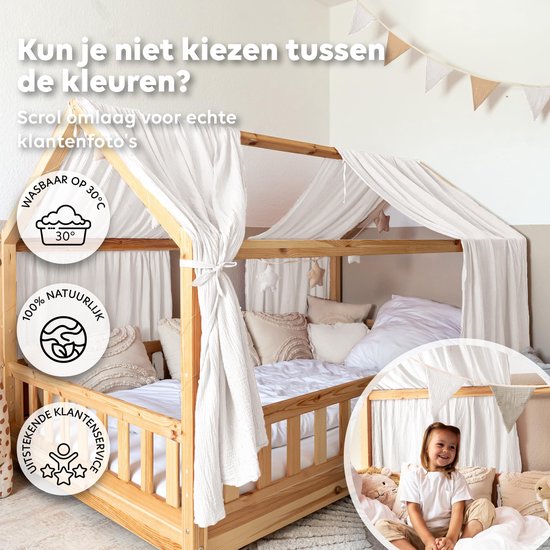LILIMAUS Huisbed hemeltje met gouden details - bedhemel voor huisbed - 135 x 270 cm - mousseline katoen - wit — afbeelding 5